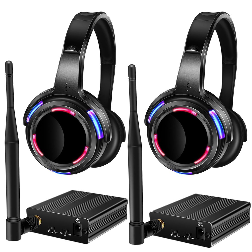 AYVVPII Professional Silent Disco LED Wireless Headphones and RF LED Silent Disco Earphones for iPod MP3 DJ Music Pary Club (2 led Headphone + 2 Transmitter)