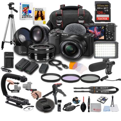 Sony ZV-E10 + 16-50mm Lens, LED Light, Microphone, 128GB Extrem Speed, U-Grip, Filters, Tripod, Case, Software, & More  Pro Video Bundle (38pc)
