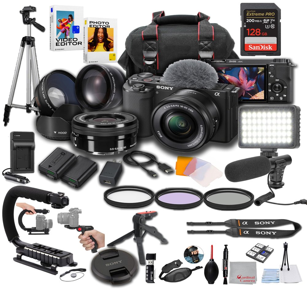 Sony ZV-E10 + 16-50mm Lens, LED Light, Microphone, 128GB Extrem Speed, U-Grip, Filters, Tripod, Case, Software, & More  Pro Video Bundle (38pc)