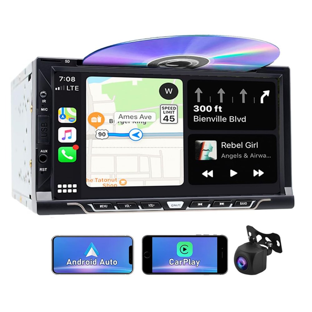 Double Din Car Stereo with CD/DVD Player, CarPlay/Android Auto 7" Touch Screen, Mirror Link, Bluetooth, AM FM Car Radio Receiver, SWC/USB/TF/AUX+Backup Camera