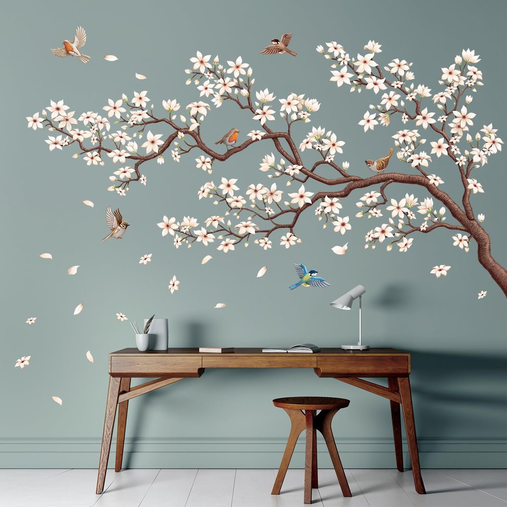 DECOWALL SG4-2317 Oriental Flower Tree Wall Stickers declas Kids Bedroom Cherry Blossom Birds Branch dcor Decoration Floral Home Living Removable Nursery Mural DIY Room