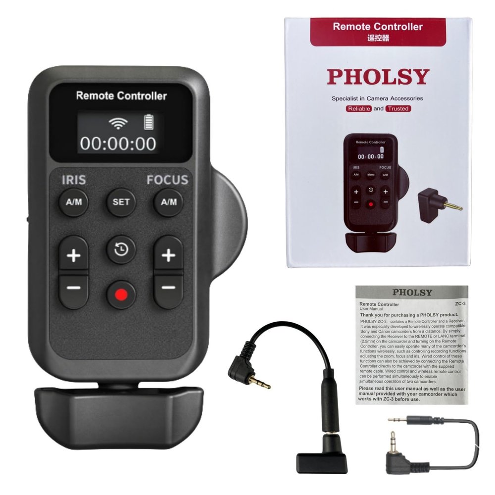 PHOLSY Wireless Camcorder Remote Control with Zoom, Iris, Focus, Video Recording, Compatible with Canon and Sony Camcorders