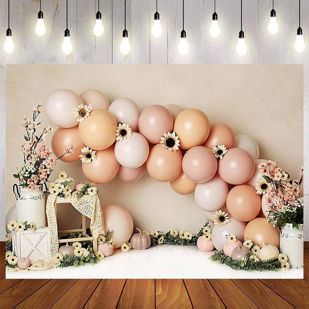Pink Gold Balloon Girl First Birthday Party Backdrops Balloon Floral Pumpkin Baby Shower Banner Cake Smash Decoration Backdrop Studio Props Vinyl (8x6ft)