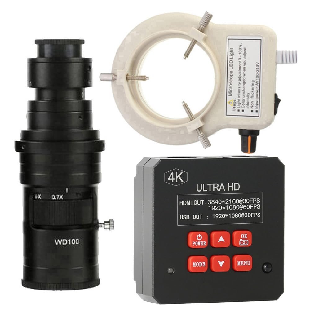 4K HD HDMI USB Industrial Video Microscope Camera & 200X C-Mount Lens With 56-LED Adjustable Ring Light For Phone Tablet PC PCB