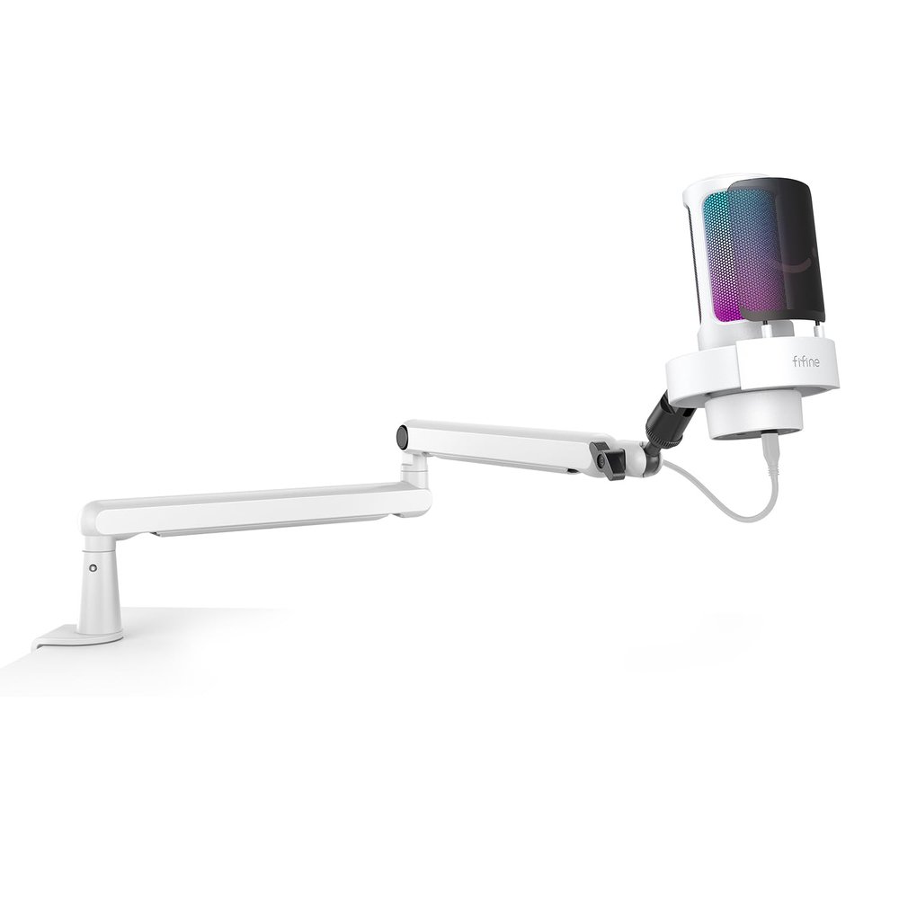 FIFINE Gaming RGB Microphone and Podcast Boom Arm Bundle,USB Condenser Microphone with 3.5mm Headphone Jack,Mute Button,Mic Stand with Low Profile,Cable Management for Live Streaming(A8W+BM88W)
