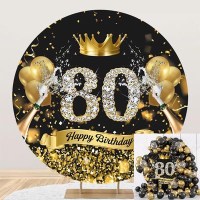 DORCEV Polyester Happy 80th Birthday Round Backdrop Cover 5x5ft Diamond 80 Birthday Background for Photography Gold Crown Men Women Grandparents Black Gold Birthday Dinner Party Backdrop Decor
