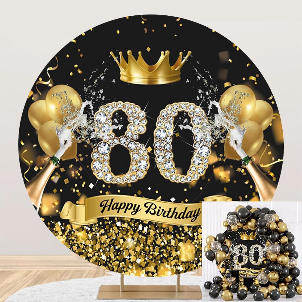 DORCEV Polyester Happy 80th Birthday Round Backdrop Cover 5x5ft Diamond 80 Birthday Background for Photography Gold Crown Men Women Grandparents Black Gold Birthday Dinner Party Backdrop Decor