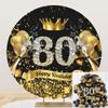 DORCEV Polyester Happy 80th Birthday Round Backdrop Cover 5x5ft Diamond 80 Birthday Background for Photography Gold Crown Men Women Grandparents Black Gold Birthday Dinner Party Backdrop Decor view 1