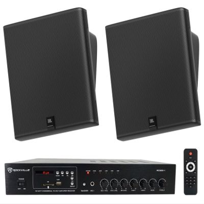 Audiosavings Bundle: Pair JBI SLP12/T-BK Sleek Low-Profile On Wall Mount 3" 70v Commercial Speakers Bundle with Rockville RCS80-1 60 Watt 70v Restaurant Amplifier/Bluetooth Receiver (2 Items)