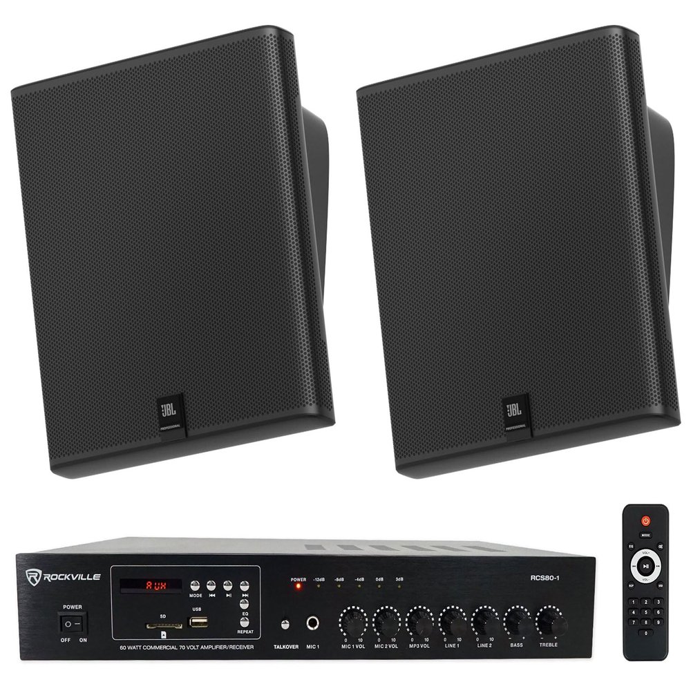 Audiosavings Bundle: Pair JBI SLP12/T-BK Sleek Low-Profile On Wall Mount 3" 70v Commercial Speakers Bundle with Rockville RCS80-1 60 Watt 70v Restaurant Amplifier/Bluetooth Receiver (2 Items)