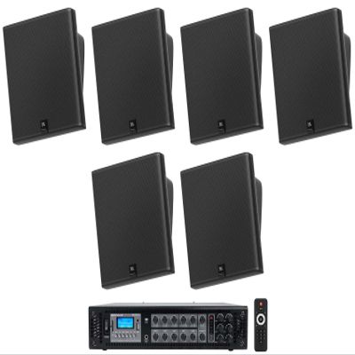 Audiosavings Bundle: (3) Pair JBI SLP12/T-BK Sleek Low-Profile On Wall Mount 3" 70v Commercial Speakers Bundle with Rockville RCS180-6 180 Watt 6 Zone 70v Restaurant Amplifier/Bluetooth (4 Items)