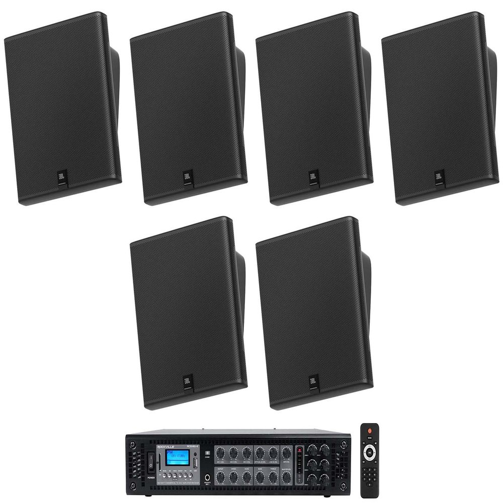 Audiosavings Bundle: (3) Pair JBI SLP12/T-BK Sleek Low-Profile On Wall Mount 3" 70v Commercial Speakers Bundle with Rockville RCS180-6 180 Watt 6 Zone 70v Restaurant Amplifier/Bluetooth (4 Items)
