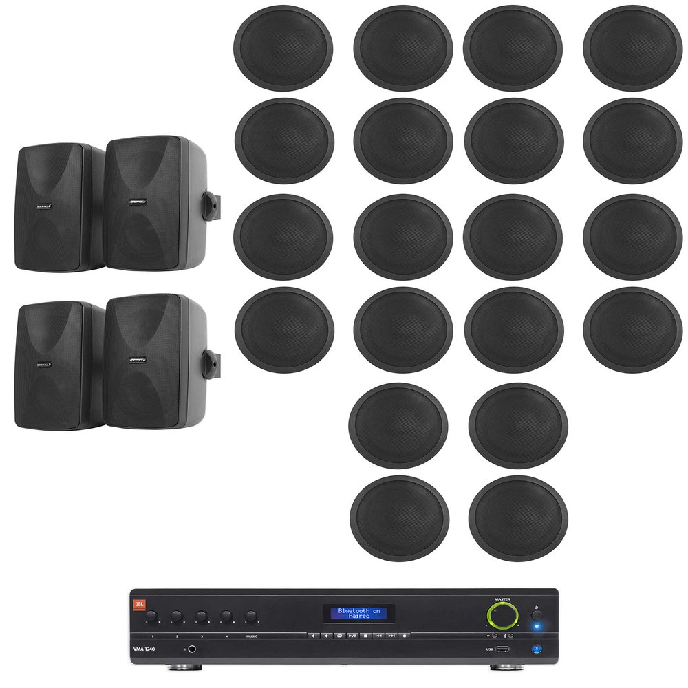 Audiosavings Bundle: (1) JBI VMA1240 Commercial 240W 70v Bluetooth Mixer/Amplifier Bundle with (4) Rockville WET-7020B 5.25" 70V Wall Speakers, (20) Rockville CCL5T 5" Ceiling Speakers (25 Items)
