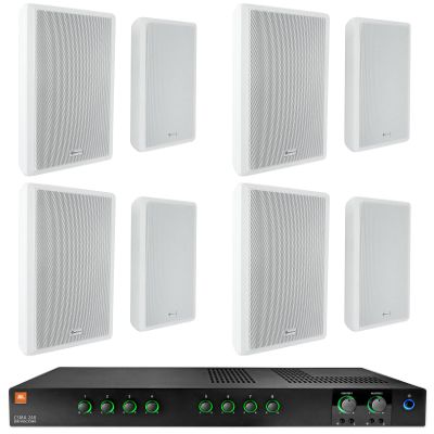 Audiosavings Bundle: JBI CSMA240 Commercial/Restaurant 2 x 40w Amplifier 4ohm/8ohm/70V/100V, 8 inputs Bundle with (4) Pair Rockville RockSlim 70W White 5.25" 70v Wall Speakers (5 Items)