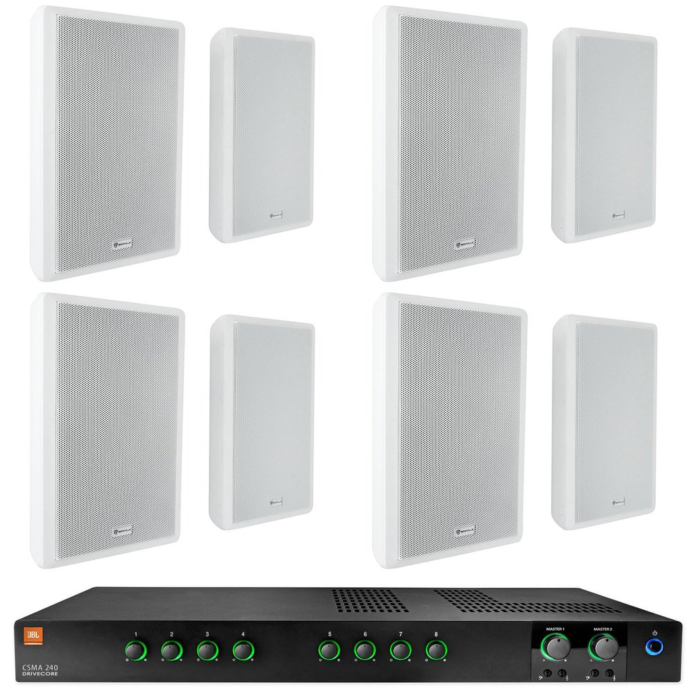 Audiosavings Bundle: JBI CSMA240 Commercial/Restaurant 2 x 40w Amplifier 4ohm/8ohm/70V/100V, 8 inputs Bundle with (4) Pair Rockville RockSlim 70W White 5.25" 70v Wall Speakers (5 Items)