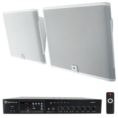 Audiosavings Bundle: Pair JBI SLP12/T-WH Sleek Low-Profile On Wall Mount 3" 70v Commercial Speakers Bundle with Rockville RCS80-1 60 Watt 70v Restaurant Amplifier/Bluetooth Receiver (2 Items)