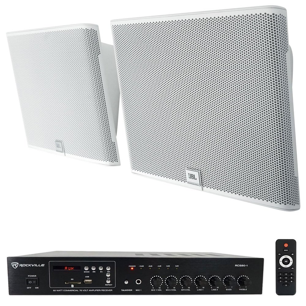Audiosavings Bundle: Pair JBI SLP12/T-WH Sleek Low-Profile On Wall Mount 3" 70v Commercial Speakers Bundle with Rockville RCS80-1 60 Watt 70v Restaurant Amplifier/Bluetooth Receiver (2 Items)