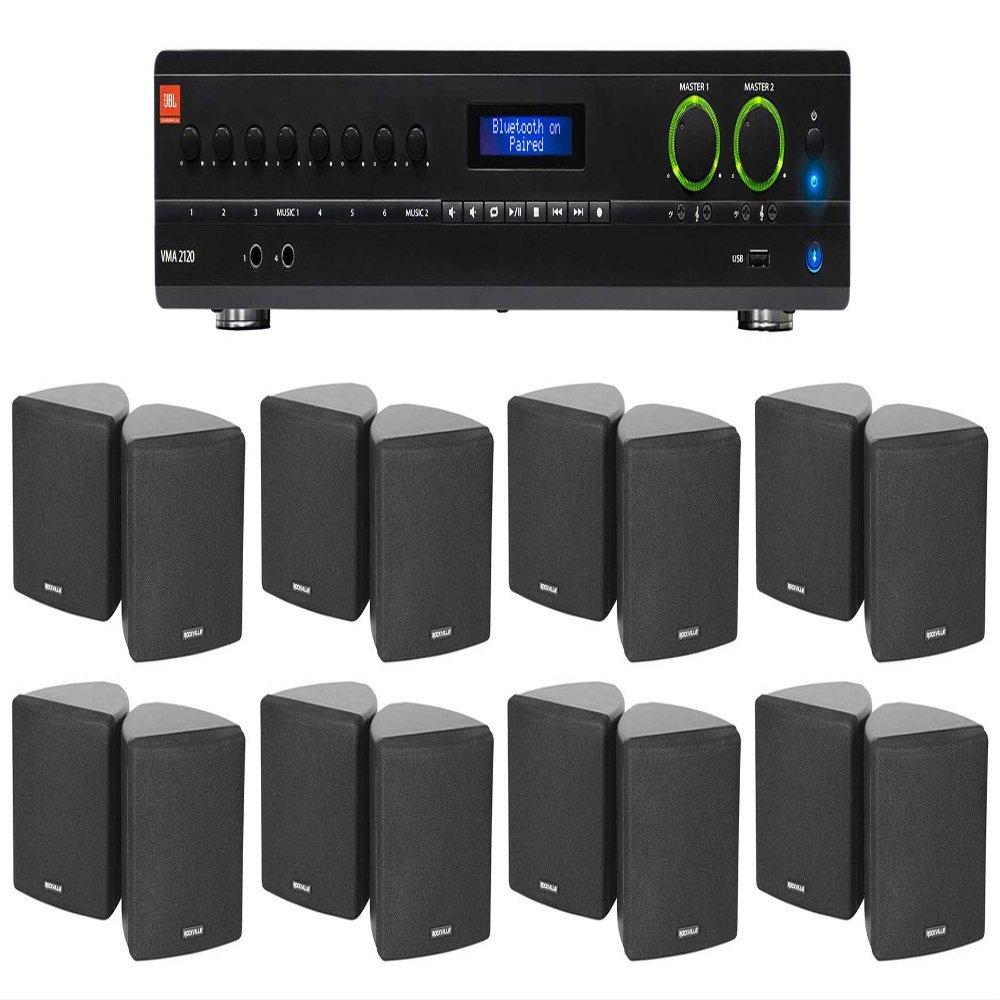 Audiosavings Bundle: (1) JBI VMA2120 2-Ch. Commercial/Restaurant 120W 70V Bluetooth Amplifier, 8 Inputs Bundle with (8) Cube by Rockville Pair of 3.5" Black 70v Swivel Wall Mount Speakers (9 Items)