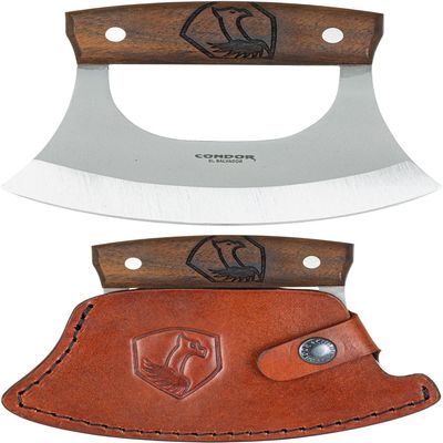 Condor Tool & Knife Ulu Knife - 1075 High Carbon Steel Blade Salad Chopper Tool with Walnut Handle and Handcrafted Leather Sheath - Ideal for Kitchen, Camping, and Survival Tasks