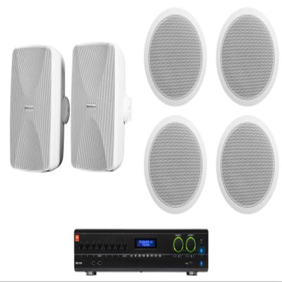 Audiosavings Bundle: (1) JBI VMA2120 2-Ch. Commercial/Restaurant 120W 70V Bluetooth Amplifier, 8 Inputs Bundle with (2) Rockville WET-7020W 5.25" 70V Indoor/Outdoor Wall Speakers in White (3 Items)