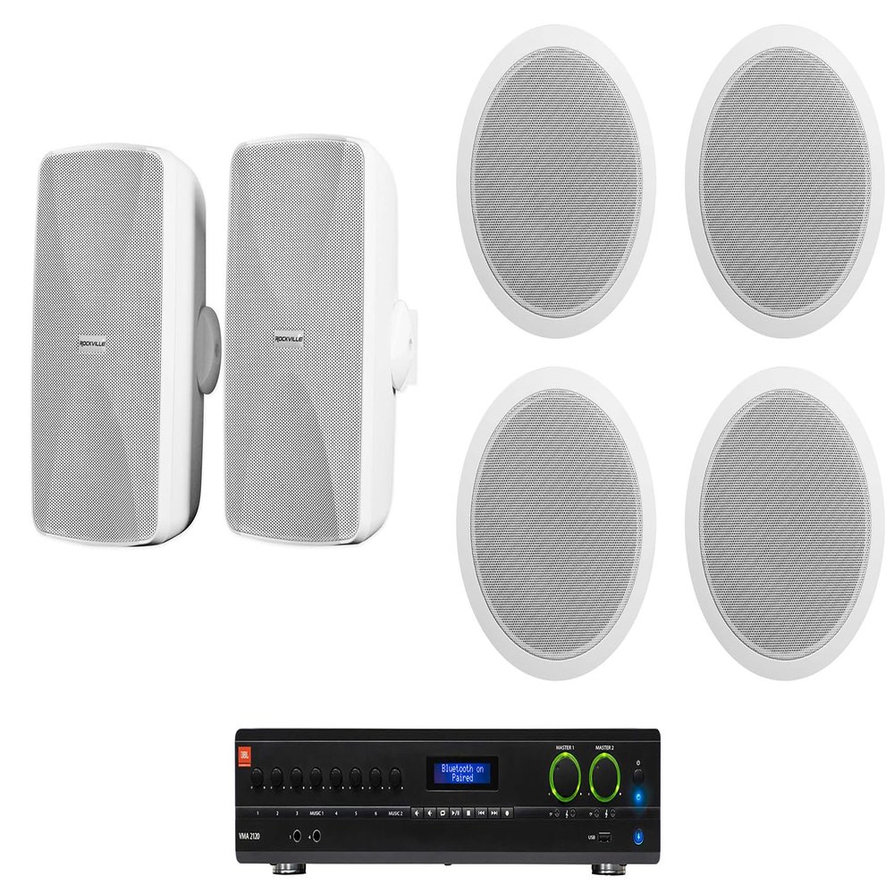 Audiosavings Bundle: (1) JBI VMA2120 2-Ch. Commercial/Restaurant 120W 70V Bluetooth Amplifier, 8 Inputs Bundle with (2) Rockville WET-7020W 5.25" 70V Indoor/Outdoor Wall Speakers in White (3 Items)