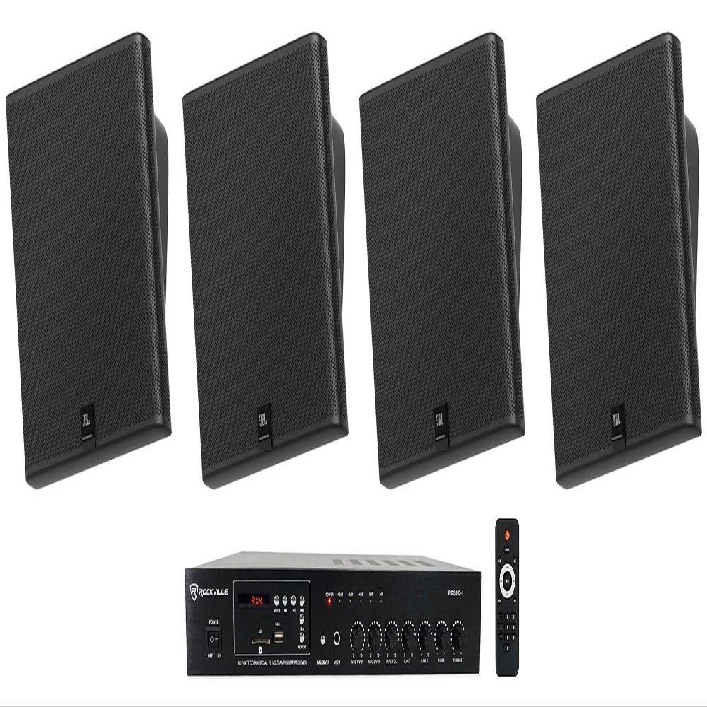 Audiosavings Bundle: (2) Pair JBI SLP12/T-BK Sleek Low-Profile On Wall Mount 3" 70v Commercial Speakers Bundle with Rockville RCS80-1 60 Watt 70v Restaurant Amplifier/Bluetooth Receiver (3 Items)