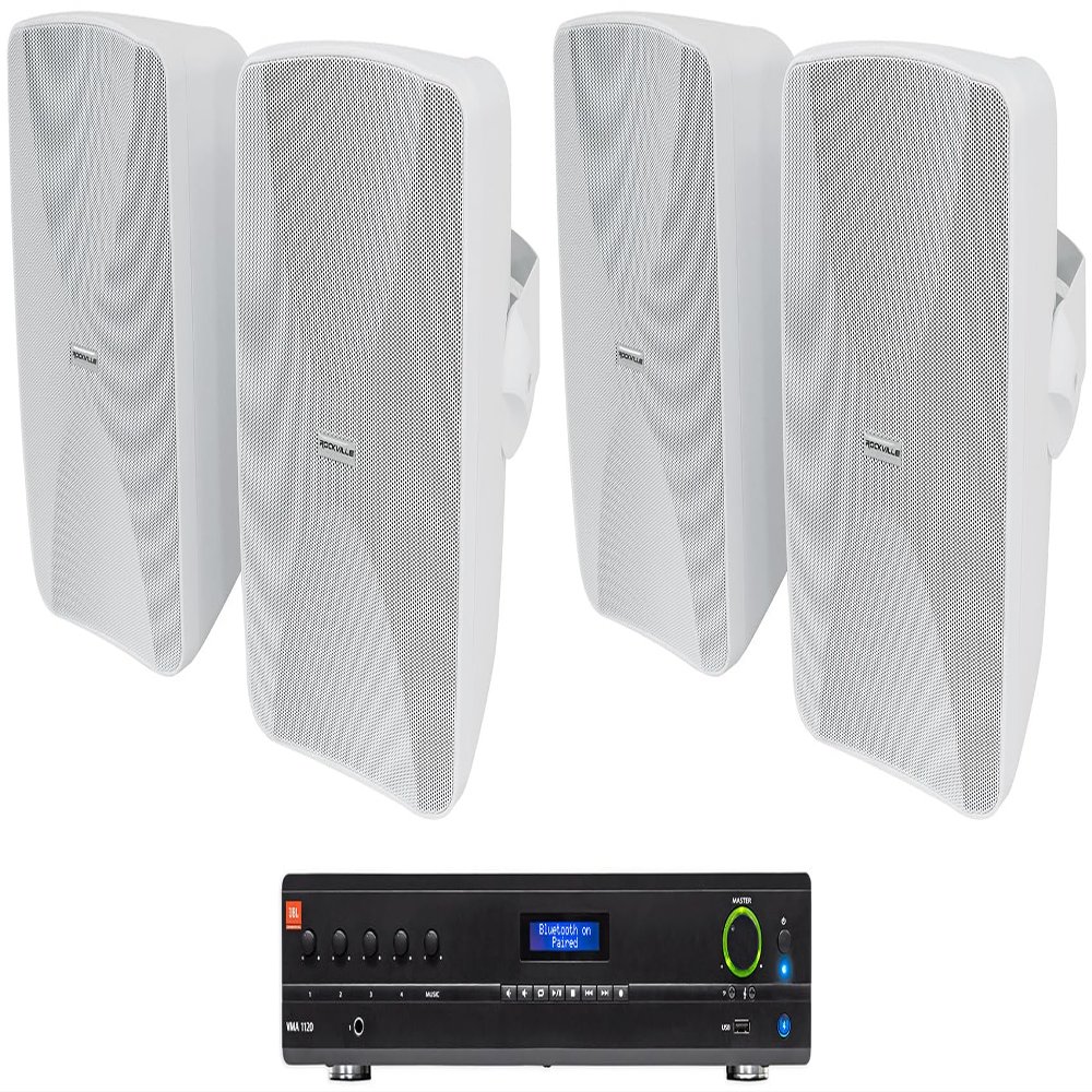 Audiosavings Bundle: (1) JBI VMA1120 Commercial/Restaurant 120W 70v Bluetooth Mixer/Amplifier, 5 Inputs Bundle with (4) Rockville WET-6525W 6.5" 70V Indoor/Outdoor Wall Speakers in White (5 Items)