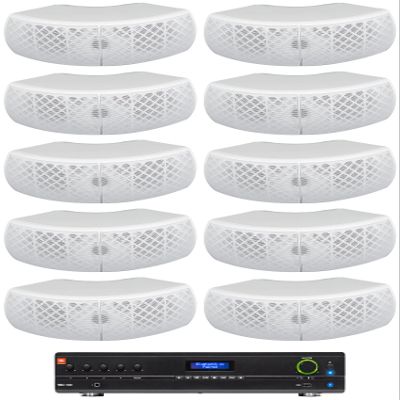 Audiosavings Bundle: (1) JBI VMA1120 Commercial/Restaurant 120W 70v Bluetooth Mixer/Amplifier, 5 Inputs Bundle with (10) Rockville WET-D4 White Dual 4" Indoor/Outdoor Commercial 70V Speaker (11 Items)