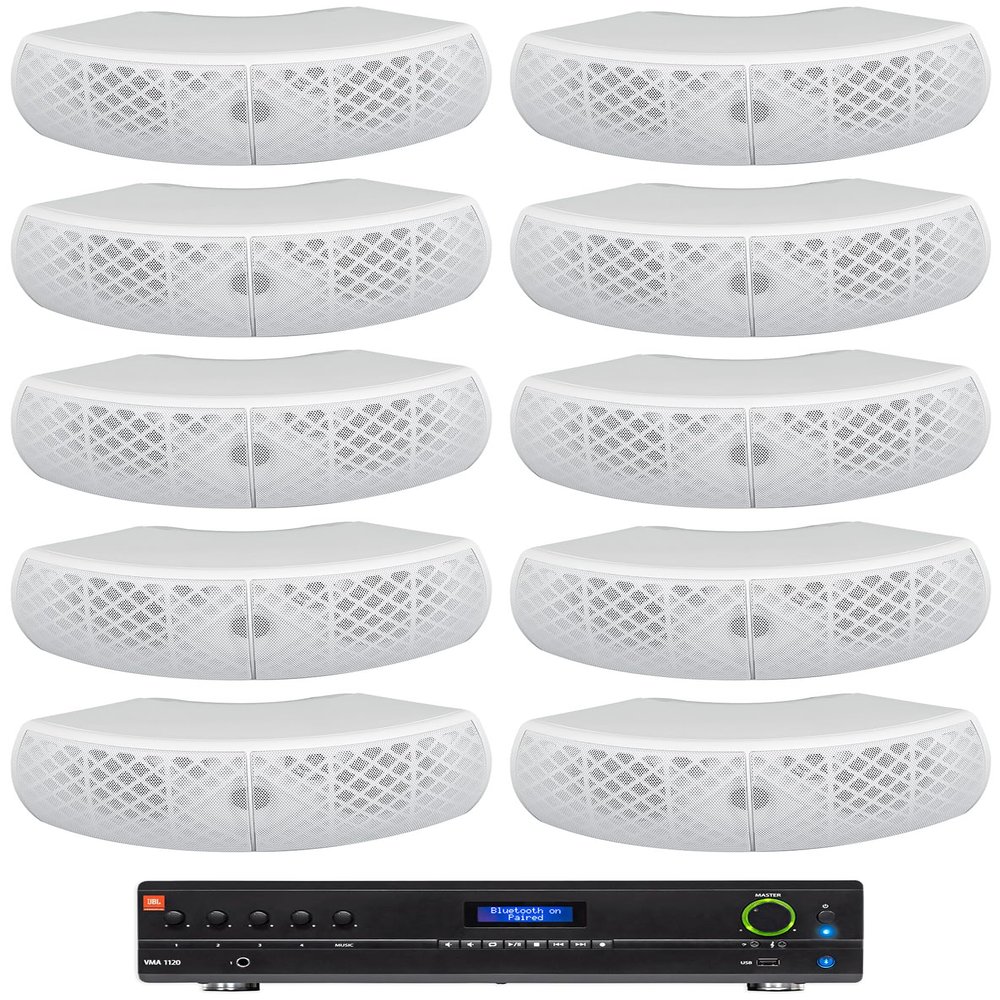 Audiosavings Bundle: (1) JBI VMA1120 Commercial/Restaurant 120W 70v Bluetooth Mixer/Amplifier, 5 Inputs Bundle with (10) Rockville WET-D4 White Dual 4" Indoor/Outdoor Commercial 70V Speaker (11 Items)