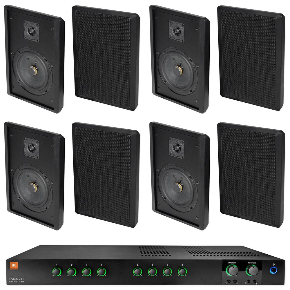 Audiosavings Bundle: JBI CSMA240 Commercial/Restaurant 2 x 40w Amplifier 4ohm/8ohm/70V/100V, 8 inputs Bundle with (4) Pair Rockville RockSlim 70B Black 5.25" 70v Wall Speakers (5 Items)