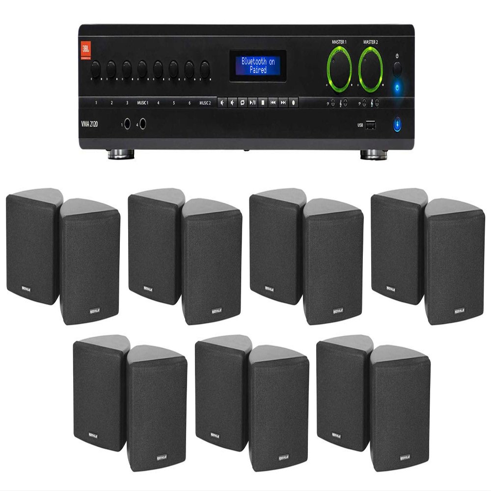 Audiosavings Bundle: (1) JBI VMA2120 2-Ch. Commercial/Restaurant 120W 70V Bluetooth Amplifier, 8 Inputs Bundle with (7) Cube by Rockville Pair of 3.5" Black 70v Swivel Wall Mount Speakers (8 Items)