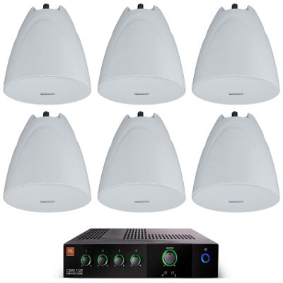 Audiosavings Bundle: (1) JBI CSMA1120 120w Commercial 70v Amplifier Mixer 4 Restaurant/Bar/Cafe Bundle with (6) Rockville PEN-525T White 5.25" 70V Hanging Pendant Speaker Commercial (7 Items)
