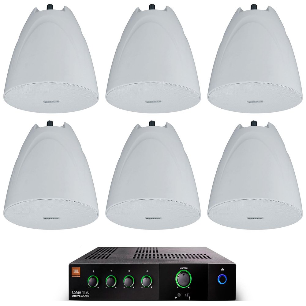 Audiosavings Bundle: (1) JBI CSMA1120 120w Commercial 70v Amplifier Mixer 4 Restaurant/Bar/Cafe Bundle with (6) Rockville PEN-525T White 5.25" 70V Hanging Pendant Speaker Commercial (7 Items)