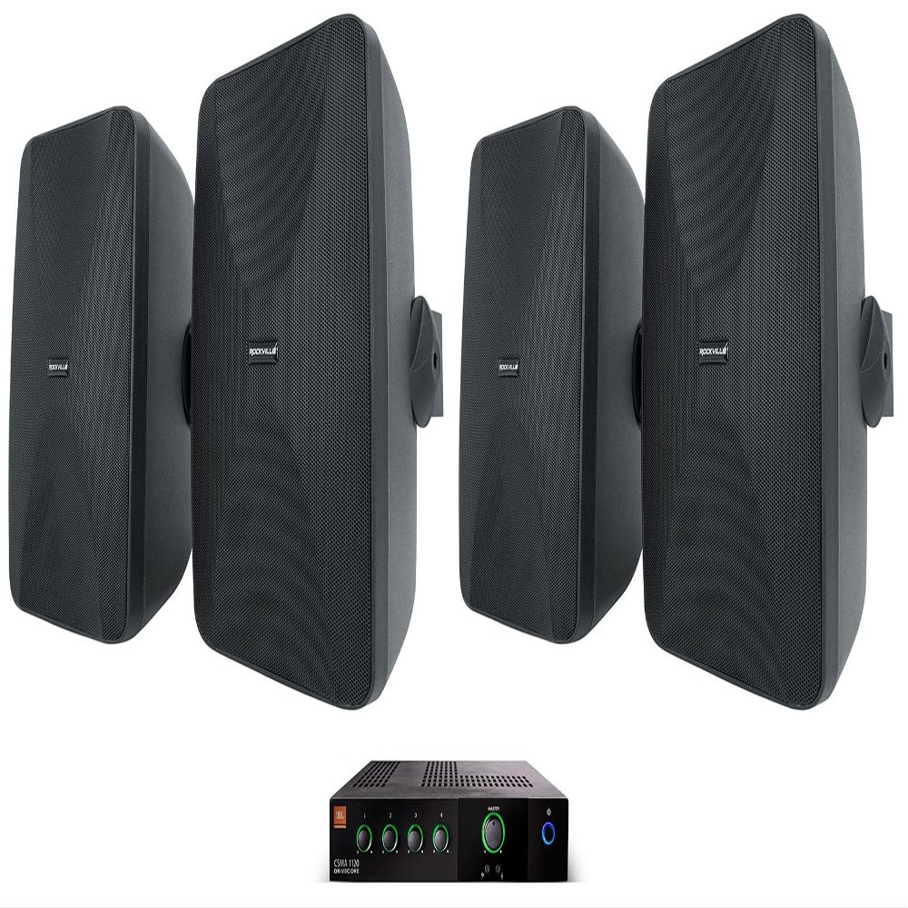 Audiosavings Bundle: (1) JBI CSMA1120 120w Commercial 70v Amplifier Mixer 4 Restaurant/Bar/Cafe Bundle with (2) 2 Rockville WET-6525B 6.5" 70V Indoor/Outdoor Wall Speakers in Black (3 Items)