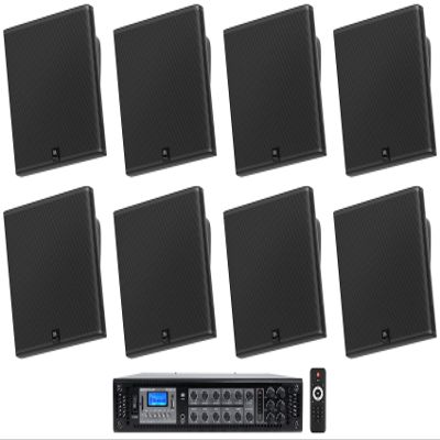 Audiosavings Bundle: (4) Pair JBI SLP14/T-BK Sleek Low-Profile On Wall Mount 4" 70v Commercial Speakers Bundle with Rockville RCS350-6 350 Watt 6 Zone 70v Restaurant Amplifier/Bluetooth (5 Items)