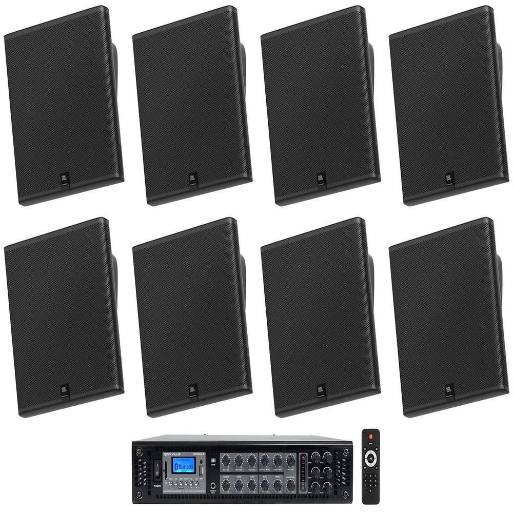 Audiosavings Bundle: (4) Pair JBI SLP14/T-BK Sleek Low-Profile On Wall Mount 4" 70v Commercial Speakers Bundle with Rockville RCS350-6 350 Watt 6 Zone 70v Restaurant Amplifier/Bluetooth (5 Items)
