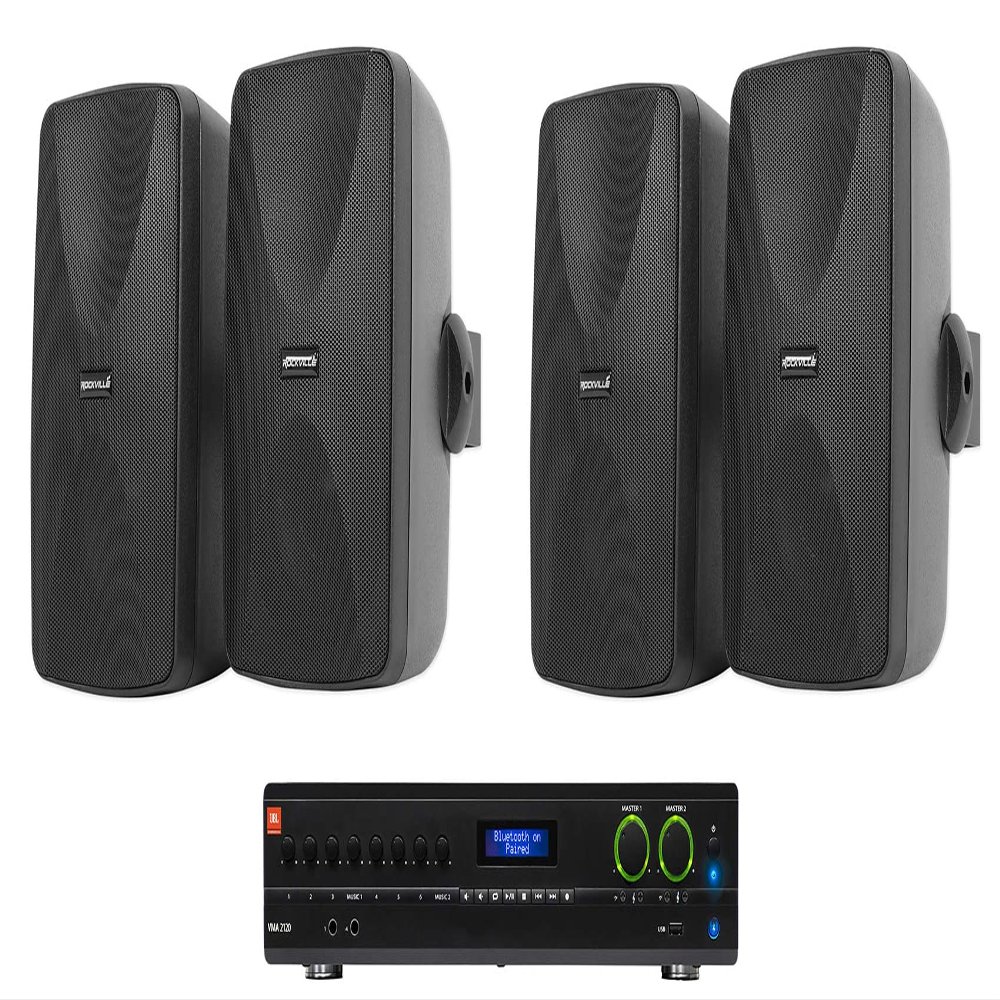 Audiosavings Bundle: (1) JBI VMA2120 2-Ch. Commercial/Restaurant 120W 70V Bluetooth Amplifier, 8 Inputs Bundle with (2) 2 Rockville WET-7020B 5.25" 70V Indoor/Outdoor Wall Speakers in Black (3 Items)