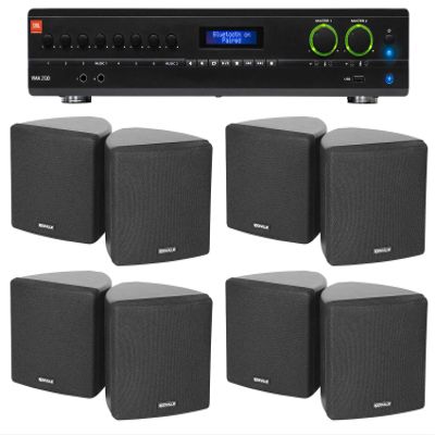 Audiosavings Bundle: (1) JBI VMA2120 2-Ch. Commercial/Restaurant 120W 70V Bluetooth Amplifier, 8 Inputs Bundle with (4) Cube by Rockville Pair of 3.5" Black 70v Swivel Wall Mount Speakers (5 Items)