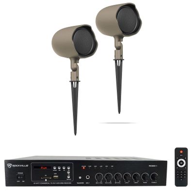 Audiosavings Bundle: Pair JBI GSF3-TN 3" Landscape Ground Stake or Wall Mount 70v Commercial Speaker Bundle with Rockville RCS80-1 60 Watt 70v Restaurant Amplifier/Bluetooth Receiver (2 Items)