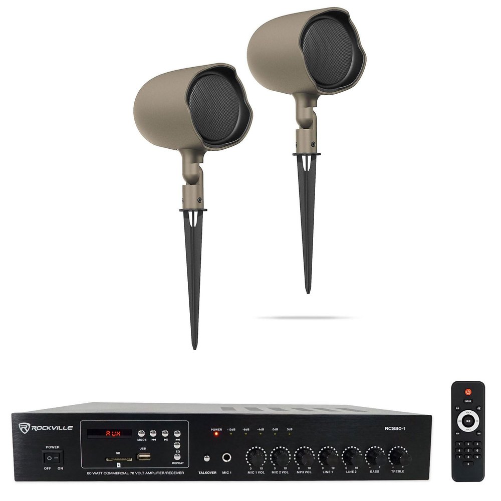 Audiosavings Bundle: Pair JBI GSF3-TN 3" Landscape Ground Stake or Wall Mount 70v Commercial Speaker Bundle with Rockville RCS80-1 60 Watt 70v Restaurant Amplifier/Bluetooth Receiver (2 Items)