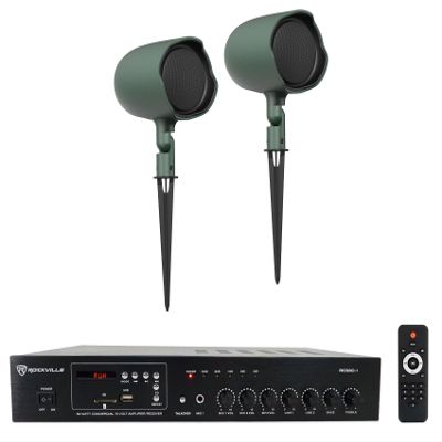 Audiosavings Bundle: Pair JBI GSF3-GN 3" Landscape Ground Stake or Wall Mount 70v Commercial Speaker Bundle with Rockville RCS80-1 60 Watt 70v Restaurant Amplifier/Bluetooth Receiver (2 Items)