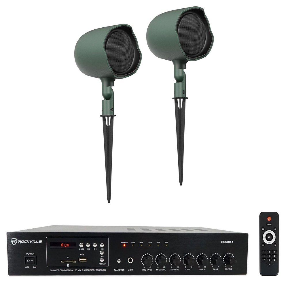Audiosavings Bundle: Pair JBI GSF3-GN 3" Landscape Ground Stake or Wall Mount 70v Commercial Speaker Bundle with Rockville RCS80-1 60 Watt 70v Restaurant Amplifier/Bluetooth Receiver (2 Items)