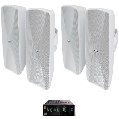 Audiosavings Bundle: (1) JBI CSMA1120 120w Commercial 70v Amplifier Mixer 4 Restaurant/Bar/Cafe Bundle with (2) 2 Rockville WET-6525W 6.5" 70V Indoor/Outdoor Wall Speakers in White (3 Items)