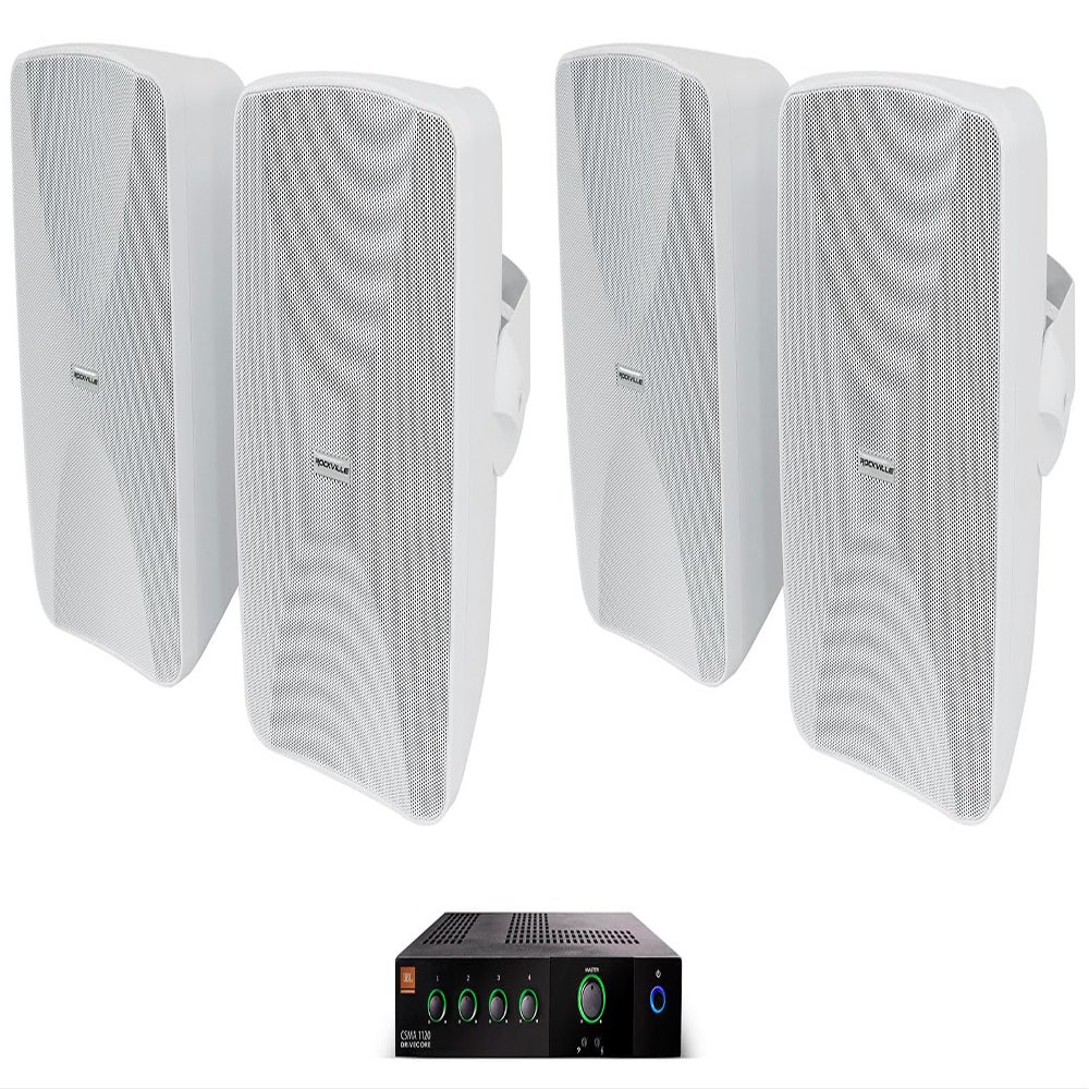 Audiosavings Bundle: (1) JBI CSMA1120 120w Commercial 70v Amplifier Mixer 4 Restaurant/Bar/Cafe Bundle with (2) 2 Rockville WET-6525W 6.5" 70V Indoor/Outdoor Wall Speakers in White (3 Items)