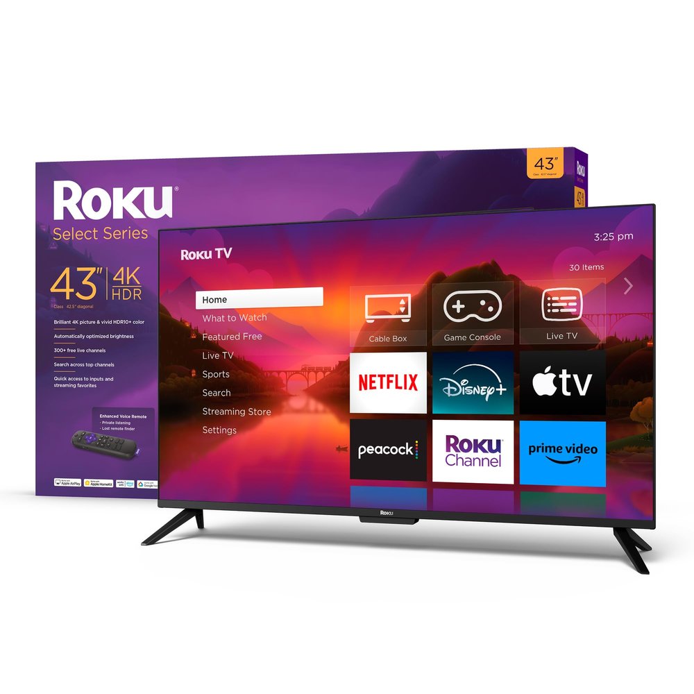 Roku Smart TV 43-Inch Select Series 4K HDR RokuTV with Roku Enhanced Voice Remote, Brilliant 4K Picture, Automatic Brightness, & Seamless Streaming Live Local News, Sports, Family Entertainment