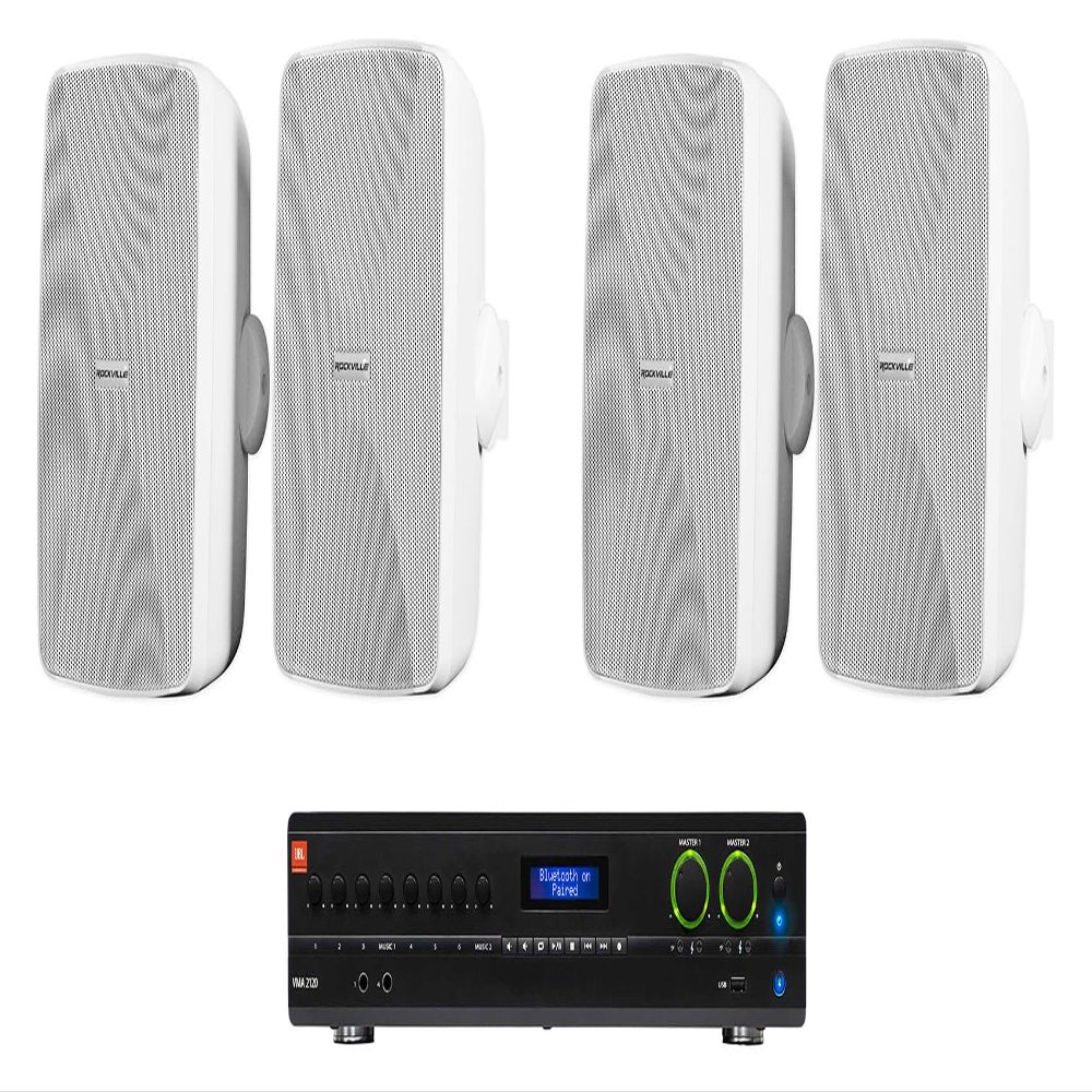 Audiosavings Bundle: (1) JBI VMA2120 2-Ch. Commercial/Restaurant 120W 70V Bluetooth Amplifier, 8 Inputs Bundle with (2) 2 Rockville WET-7020W 5.25" 70V Indoor/Outdoor Wall Speakers in White (3 Items)