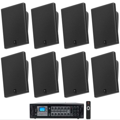 Audiosavings Bundle: (4) Pair JBI SLP12/T-BK Sleek Low-Profile On Wall Mount 3" 70v Commercial Speakers Bundle with Rockville RCS180-6 180 Watt 6 Zone 70v Restaurant Amplifier/Bluetooth (5 Items)