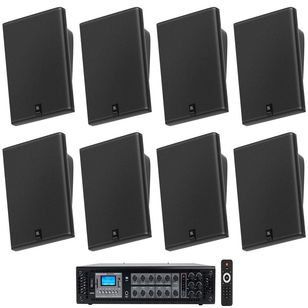 Audiosavings Bundle: (4) Pair JBI SLP12/T-BK Sleek Low-Profile On Wall Mount 3" 70v Commercial Speakers Bundle with Rockville RCS180-6 180 Watt 6 Zone 70v Restaurant Amplifier/Bluetooth (5 Items)