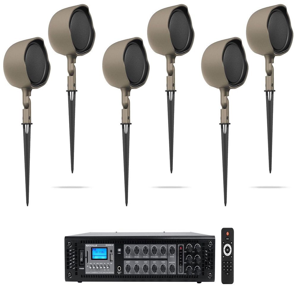 Audiosavings Bundle: (3) Pair JBI GSF3-TN 3" Landscape Ground Stake or Wall Mount 70v Commercial Speaker Bundle with Rockville RCS180-6 180 Watt 6 Zone 70v Restaurant Amplifier/Bluetooth (4 Items)