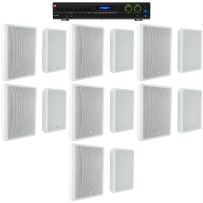 Audiosavings Bundle: (1) JBI VMA2120 2-Ch. Commercial/Restaurant 120W 70V Bluetooth Amplifier, 8 Inputs Bundle with (7) Pair Rockville RockSlim 70W White 5.25" 70v Restaurant Wall Speakers (8 Items)